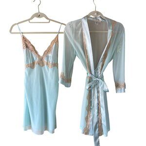 California Dynasty Vintage Womens Robe Chemise Set Size Small Green Lace Trim